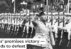 Hitler and Mussolini salute Nazi troops in 1937. Bettmann/Getty Images